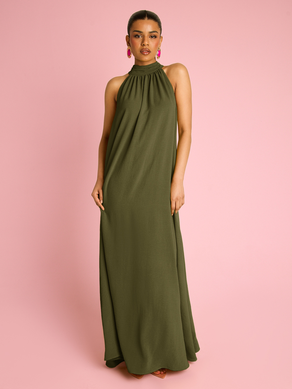 Womens Halterneck Statement Flowing Trapeze Maxi Dress, Vacation Outfit, Summer Holiday Dress, Elegant Chic Holiday Outfit, Evening Dress, Wedding Guest Dress, Occasion Birthday Party Ibiza, Loose Fitting, Boho Sleevelsss