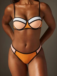 MISSGUIDED Color Block Underwire Bikini Set With Contrast Binding Spaghetti Straps Summer Beach Two-Piece Swimsuit - Orange - View 6