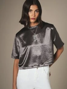KSTM Satin Finish Cropped T-Shirt With High Neck Short Sleeve Boxy Cut Luxe Metallic Top - Grey - View 4