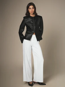 KSTM Faux Leather Zip-Up Structured Jacket With Collarless Neckline Peplum Hem Fall Winter Outerwear - Black - View 3
