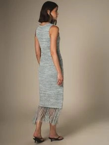 KSTM Knitted Fringe Hem Sleeveless Bodycon Midi Sweater Dress Crew Neck Fitted Stretch Knit Fall Winter - Grey - View 4