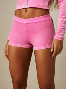 Missguided x Playboy Velvet Booty Shorts With Glitter Logo Back Print Mid Rise Hot Pants Summer Festival Style - Pink - View 4