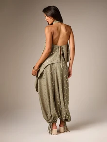AiiRZ Gold Shimmer Polka Dot Co-Ord Set With Halter Neck Top And Balloon Harem Trouser Summer Party Two-Piece Outfit - Green - View 3