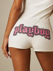 Missguided x Playboy Kurzer Kapuzen-Reißverschluss-Romper mit rosa Kontrastdetails und Logo-Grafikdruck - Weiss - Übersicht 5