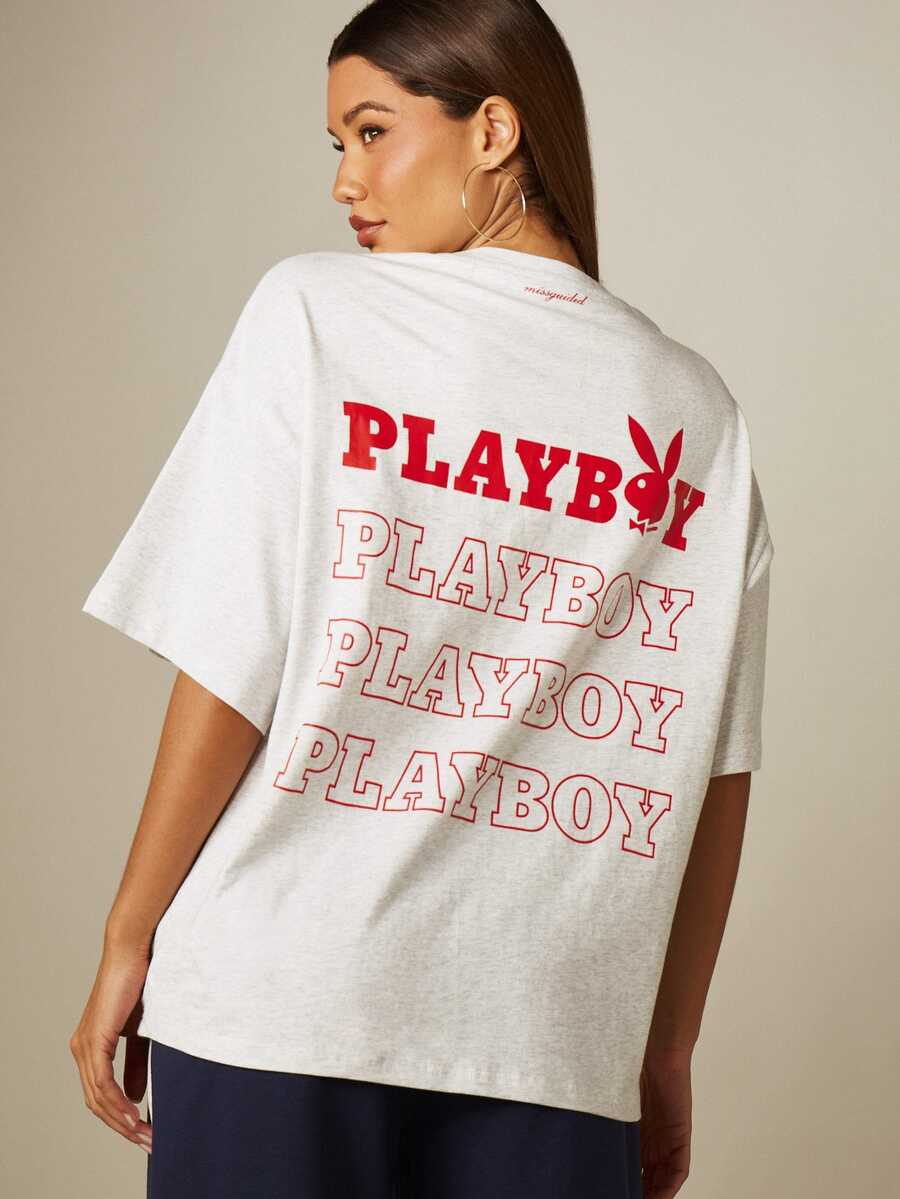 Missguided x Playboy Repeat Graphic Oversized Streetwear T-Shirt With Bunny Logo Front Print And Back Slogan Casual Tee Everyday Going Out Light Grey Summer - Light Grey - View 1