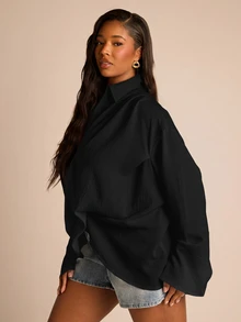 FASHION SZN Camisa Plus Size com Gola, Frente Torcida e Toque de Linho, Estilo Elegante e Casual para Uso Diário, Trabalho, Viagem, Férias de Verão, Festival Boho, Ibiza, Look Chic Branco para City Break - Preto - Visão 3