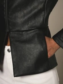 KSTM Faux Leather Zip-Up Structured Jacket With Collarless Neckline Peplum Hem Fall Winter Outerwear - Black - View 5