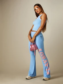 Missguided x Playboy Flared Legging Pants With High Rise Waistband And Bold Leg Logo Print Retro Style - Blue - View 2