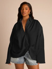 FASHION SZN Camisa Plus Size com Gola, Frente Torcida e Toque de Linho, Estilo Elegante e Casual para Uso Diário, Trabalho, Viagem, Férias de Verão, Festival Boho, Ibiza, Look Chic Branco para City Break - Preto - Visão 1