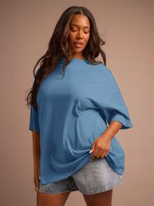 FASHION SZN Plus Size 100% Cotton Oversized Crew Neck T Shirt Everyday Basics Loose Fit Cool Comfy Summer Outfit Vacation Basics White Tee Wear To Work Weekend Wardrobe Y2K Minimal - Teal Blue - View 4