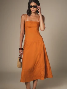 KSTM Strappy Square Neck Paneled Midi Dress With Tiered A-Line Skirt Summer Sundress - Orange - View 4