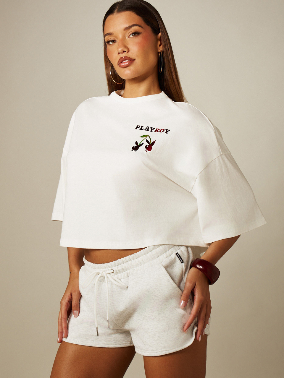 Missguided x Playboy Foil Print Oversized Cropped T-Shirt With Cherry Bunny Graphic Back Logo And Chest Print Crew Neck Short Sleeve Top