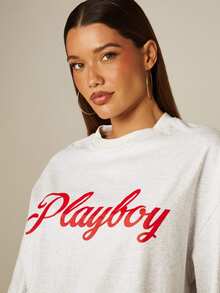 Missguided x Playboy Script Logo Oversized T-Shirt Drop Shoulder Crew Neck Casual Longline Tee Spring Summer - Grey - View 4