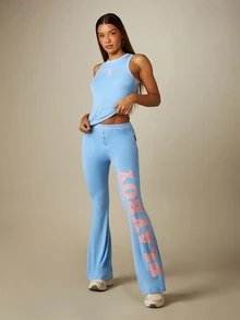 Missguided x Playboy Flared Legging Pants With High Rise Waistband And Bold Leg Logo Print Retro Style - Blue - View 5