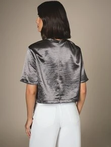 KSTM Satin Finish Cropped T-Shirt With High Neck Short Sleeve Boxy Cut Luxe Metallic Top - Grey - View 2
