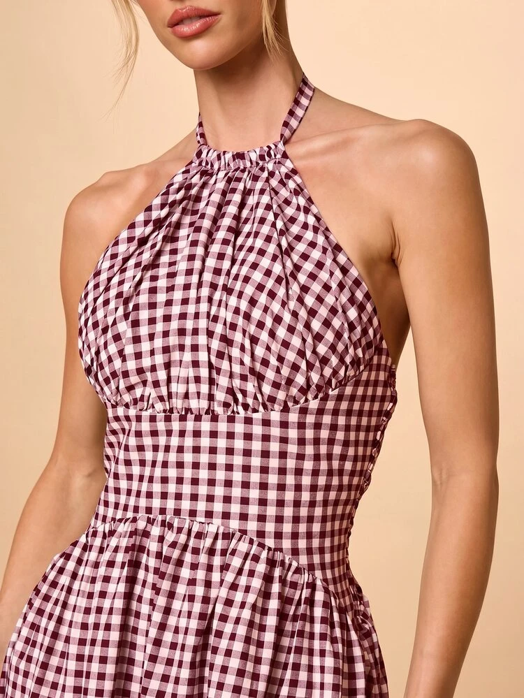 Gingham Halterneck Sleeveless Maxi Dress With Smocked Waist And Tie Detail Summer Casual Vacation Midi Length Backless Party Wedding Guest