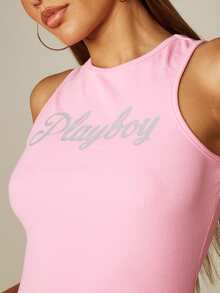 Missguided x Playboy Script Logo Ribbed Racer Neck Crop Vest Top, Fitted Sleeveless Summer Festival Style - Pink - View 2