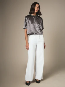 KSTM Satin Finish Cropped T-Shirt With High Neck Short Sleeve Boxy Cut Luxe Metallic Top - Grey - View 3
