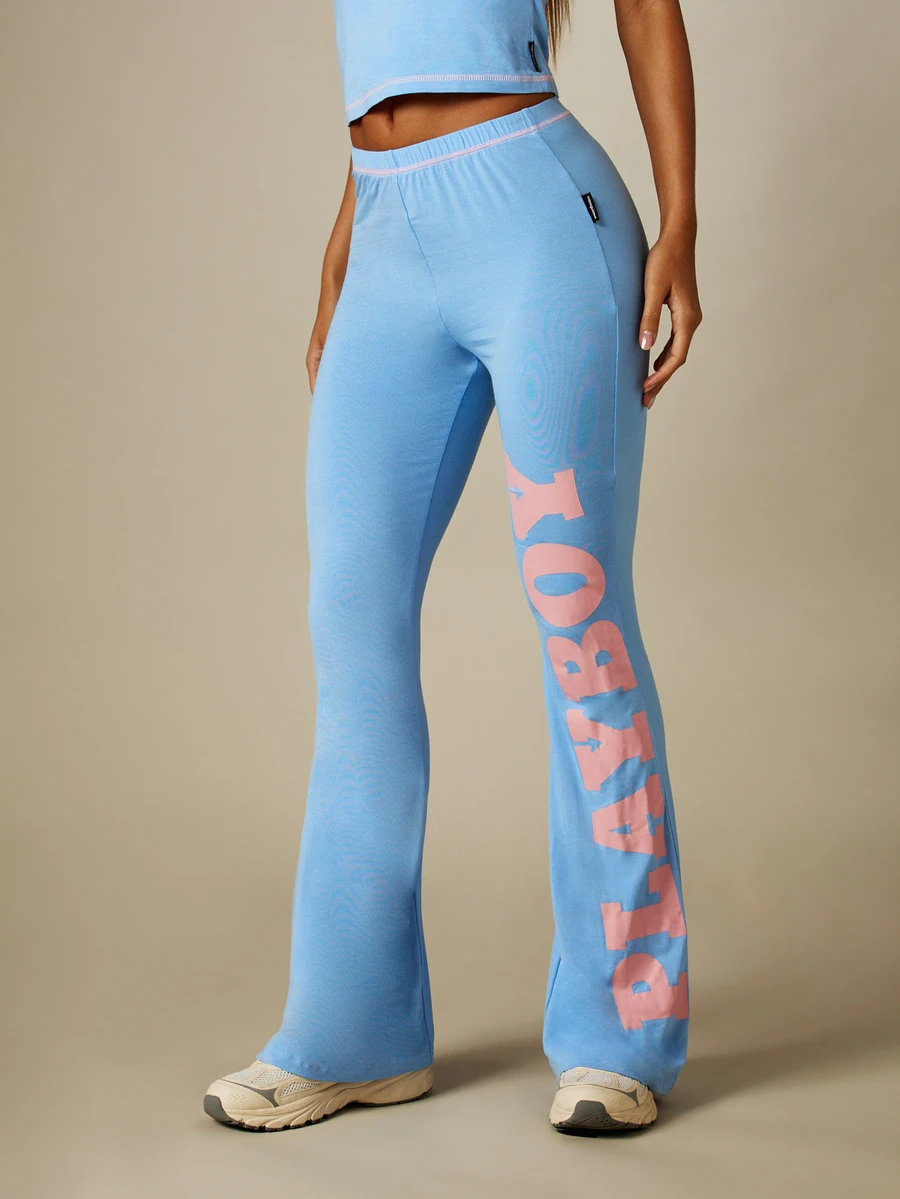 Missguided x Playboy Flared Legging Pants With High Rise Waistband And Bold Leg Logo Print Retro Style - Blue - View 1