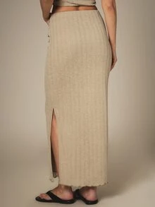 KSTM Ribbed Knit Maxi Skirt With Side Split And Ruched Detail Bodycon Pencil Style Elastic Waist - Khaki - View 5