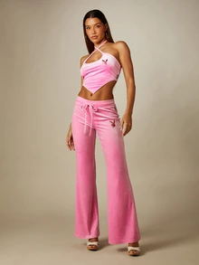 Missguided x Playboy Celana Jogger Lebar Model Flare Berbahan Beludru dengan Logo Kelinci Berkilau dan Tali Serut di Pinggang, Celana Santai Kasual - Berwarna merah muda - View 2