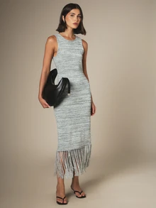 KSTM Knitted Fringe Hem Sleeveless Bodycon Midi Sweater Dress Crew Neck Fitted Stretch Knit Fall Winter - Grey - View 2