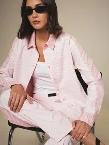 KSTM Setelan Kemeja Lengan Panjang Bergaris Pink dan Putih Motif Seersucker dan Celana Panjang Lebar untuk Acara Santai Musim Panas - MultiWarna - View 2