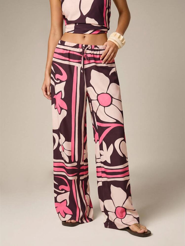 AiiRZ Retro Floral Wide Leg Trouser With Elastic Drawstring Waist, Groovy Botanical Print, Relaxed Palazzo Style, Summer Vacation