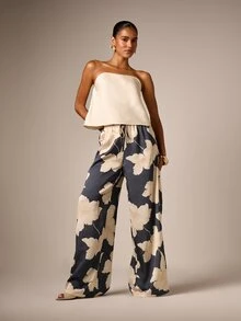 AiiRZ Floral Print Satin Wide Leg Trouser With Elastic Drawstring Waist Palazzo Pants Summer Party - Multicolor - View 5