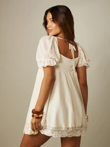 MISSGUIDED Smocked Babydoll Mini Dress With Puff Sleeves Lace Trim Square Neck Empire Waist Summer Boho Cream - Apricot - View 2