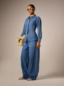AiiRZ Polka Dot Wide Leg Barrel Jean With All-Over Print, Mid Rise, Full Length Denim Pants, Vintage Style - Blue - View 5