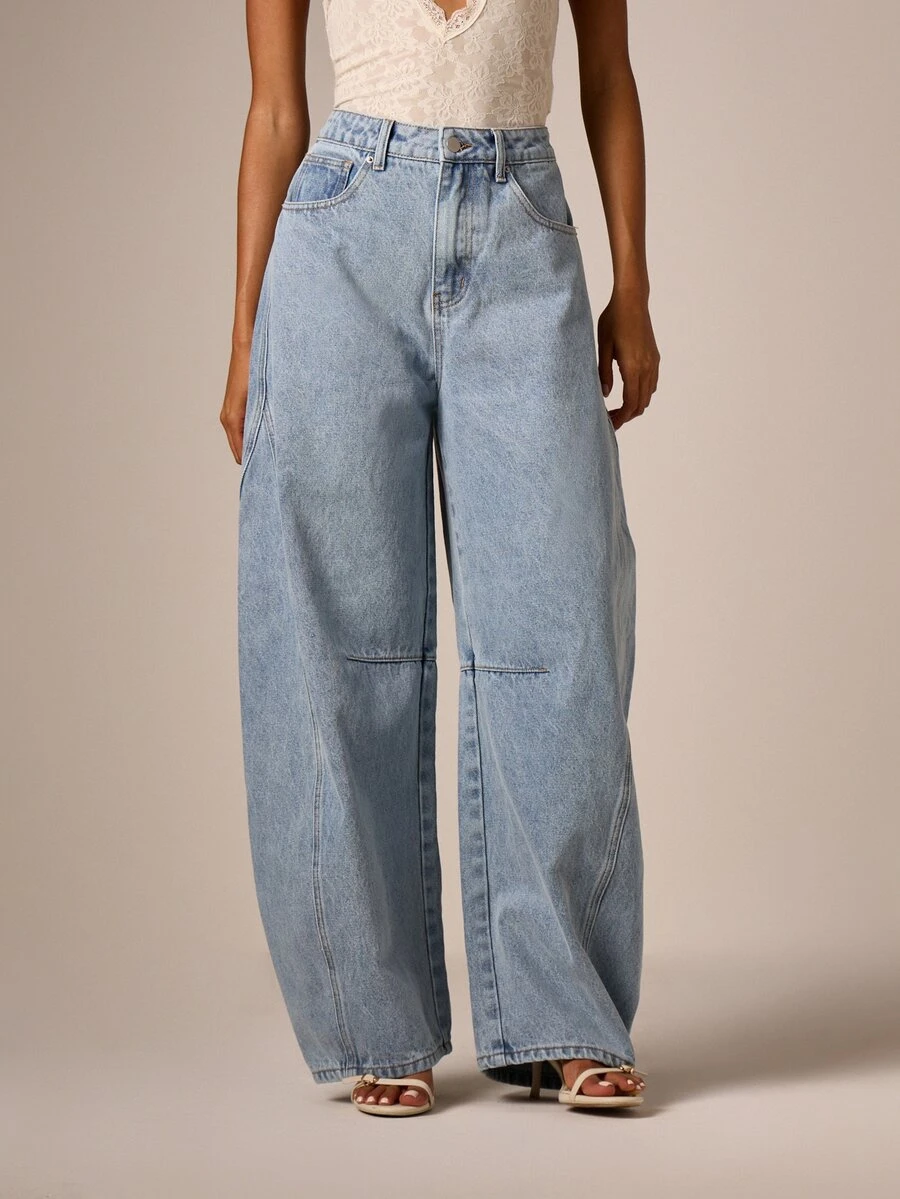 AiiRZ Barrel Leg High Rise Wide Leg Denim Jeans With Curved Silhouette Panel Seam Detail Light Wash Relaxed Fit - Light Wash - View 1