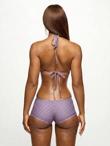 SUMWON WOMEN Striped Triangle Halter Bikini Set With Lace-Up Boy Short Bottom Summer Beach Vacation Swimwear - Pink - View 2