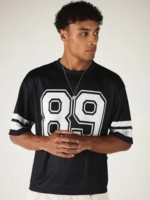 SUMWON Mens Oversized Mesh Football Jersey Tee Number 89 Crew Neck Short Sleeve Varsity Style Top - Black and White - View 4