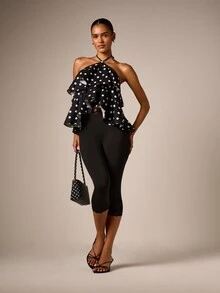 AiiRZ Polka Dot Tiered Ruffle Halter Top With Tie Neck Backless Design For Summer Vacation - Black and White - View 4