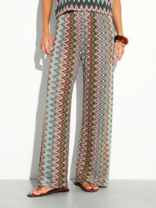 KSTM Pantaloni palazzo a gamba ampia in maglia a zig zag, stile boho per festival, vacanze e resort, pantaloni lunghi - Multicolore - Visualizzare 1