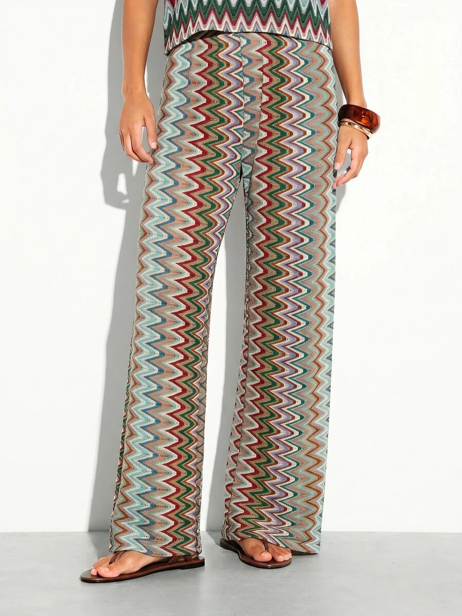 KSTM Pantaloni palazzo a gamba ampia in maglia a zig zag, stile boho per festival, vacanze e resort, pantaloni lunghi - Multicolore - Visualizzare 1