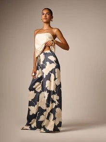 AiiRZ Floral Print Satin Wide Leg Trouser With Elastic Drawstring Waist Palazzo Pants Summer Party - Multicolor - View 2