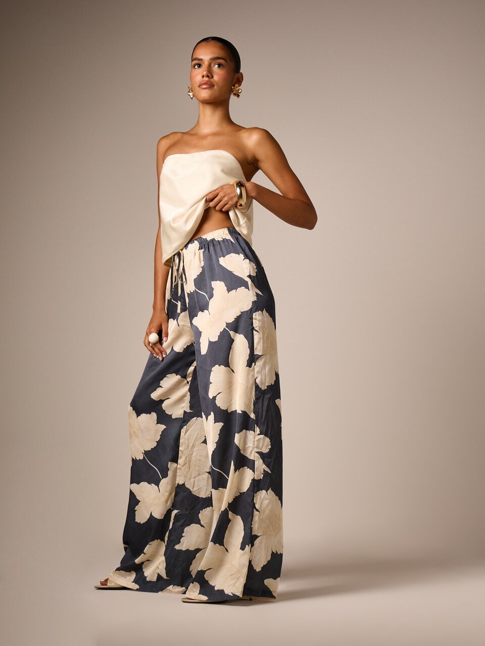 Floral Satin Wide Leg Trouser With Drawstring Waist