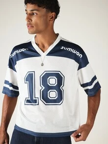 SUMWON Mesh Football Jersey V-Neck Color Block Number 18 Short Sleeve Oversized Tee - Blue and White - View 5