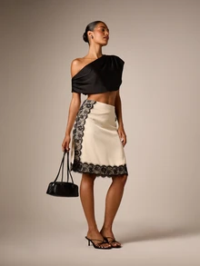 AiiRZ Satin A-Line Midi Skirt With Floral Black Lace Trim Detail And Front Slit Elegant Evening Style - Apricot - View 2