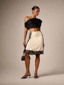 AiiRZ Satin A-Line Midi Skirt With Floral Black Lace Trim Detail And Front Slit Elegant Evening Style - Apricot - View 6