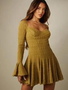 MISSGUIDED Stretch Lace Long Sleeve Frill Bell Cuff Underwired Cupped Skater Mini Dress Party - Mustard Yellow - View 1