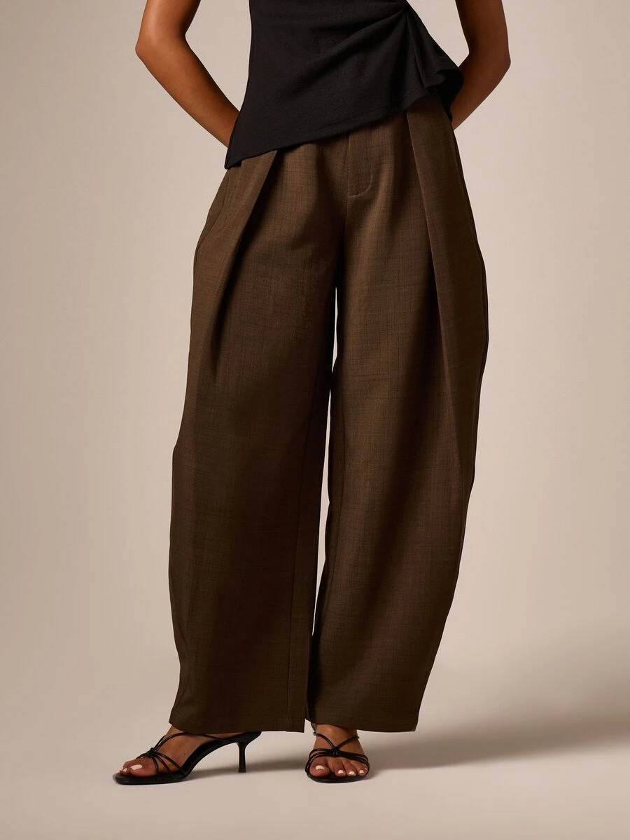 AiiRZ Tailored Wide Leg Pleated Trouser High Rise Full Length Balloon Silhouette Formal Dress Pant - Olive Green - View 1