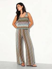 KSTM Pantaloni palazzo a gamba ampia in maglia a zig zag, stile boho per festival, vacanze e resort, pantaloni lunghi - Multicolore - Visualizzare 7