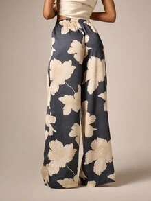 AiiRZ Floral Print Satin Wide Leg Trouser With Elastic Drawstring Waist Palazzo Pants Summer Party - Multicolor - View 3