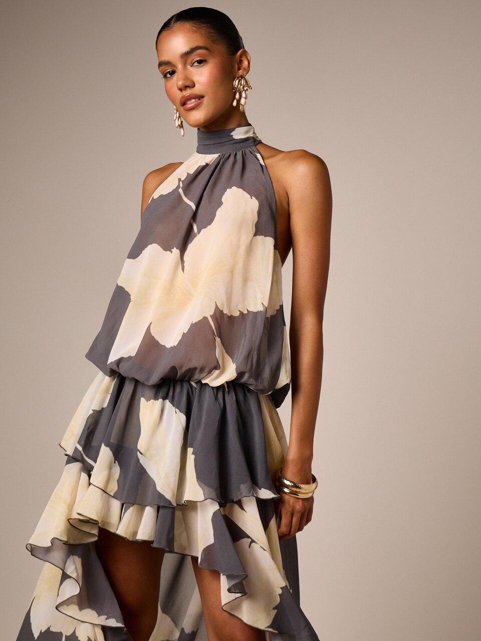 AiiRZ Floral Chiffon Halter Dress With Asymmetric Tiered Hem