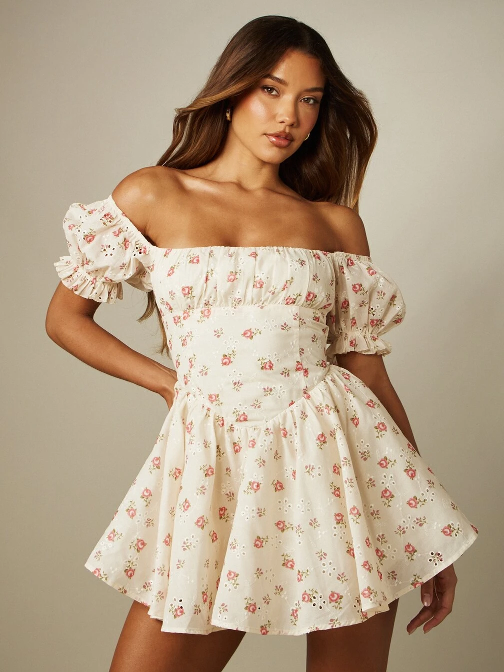eyelet puff sleeve mini dress Puff Sleeve Eyelet Mini Dress