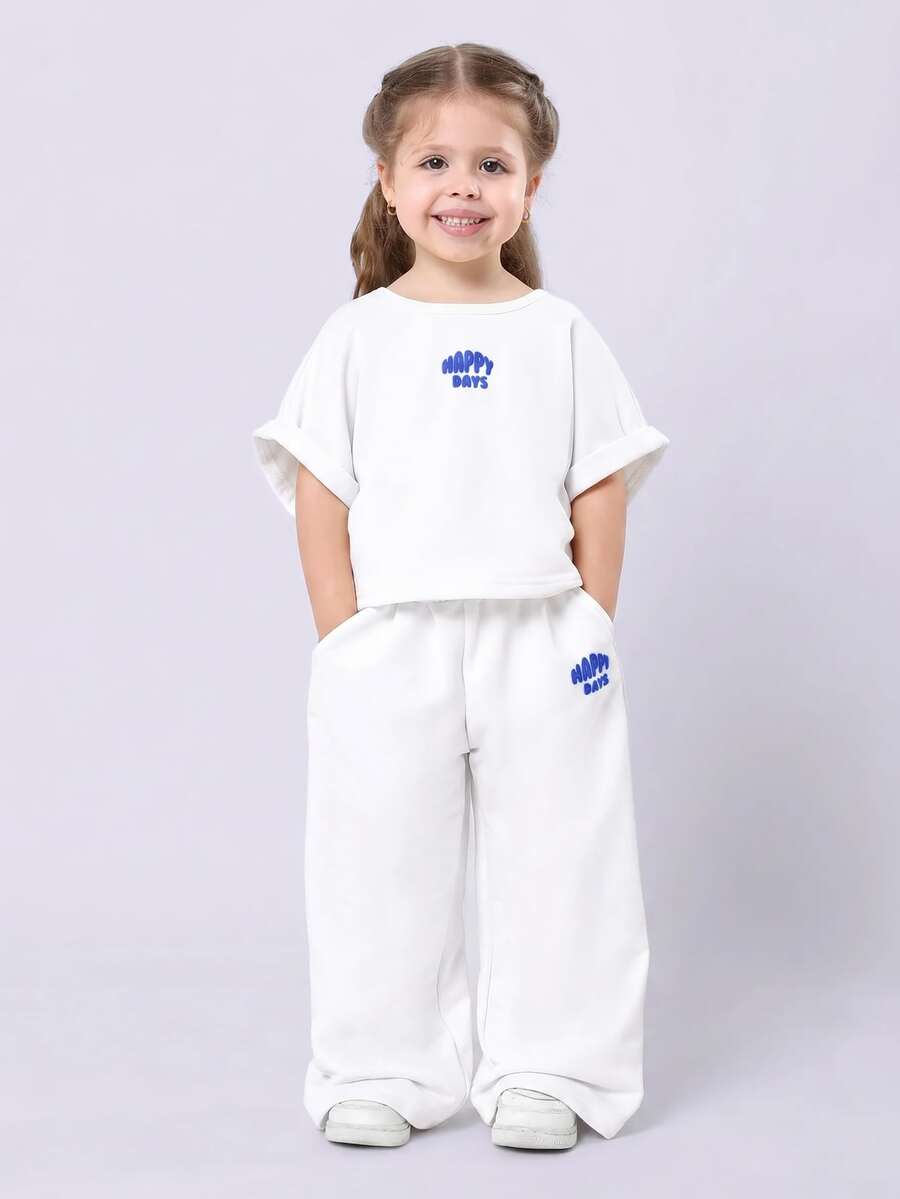 SUMWON Setelan Kaos dan Celana Panjang Lebar Bordir Happy Days dengan Lengan Lipat untuk Balita - Blue and White - View 1