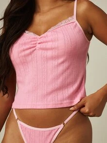 MISSGUIDED 鏤空針織蕾絲飾邊細肩帶背心上衣與細繩丁字褲內褲睡衣套裝居家休閒睡衣 - 粉色 - 查看 4